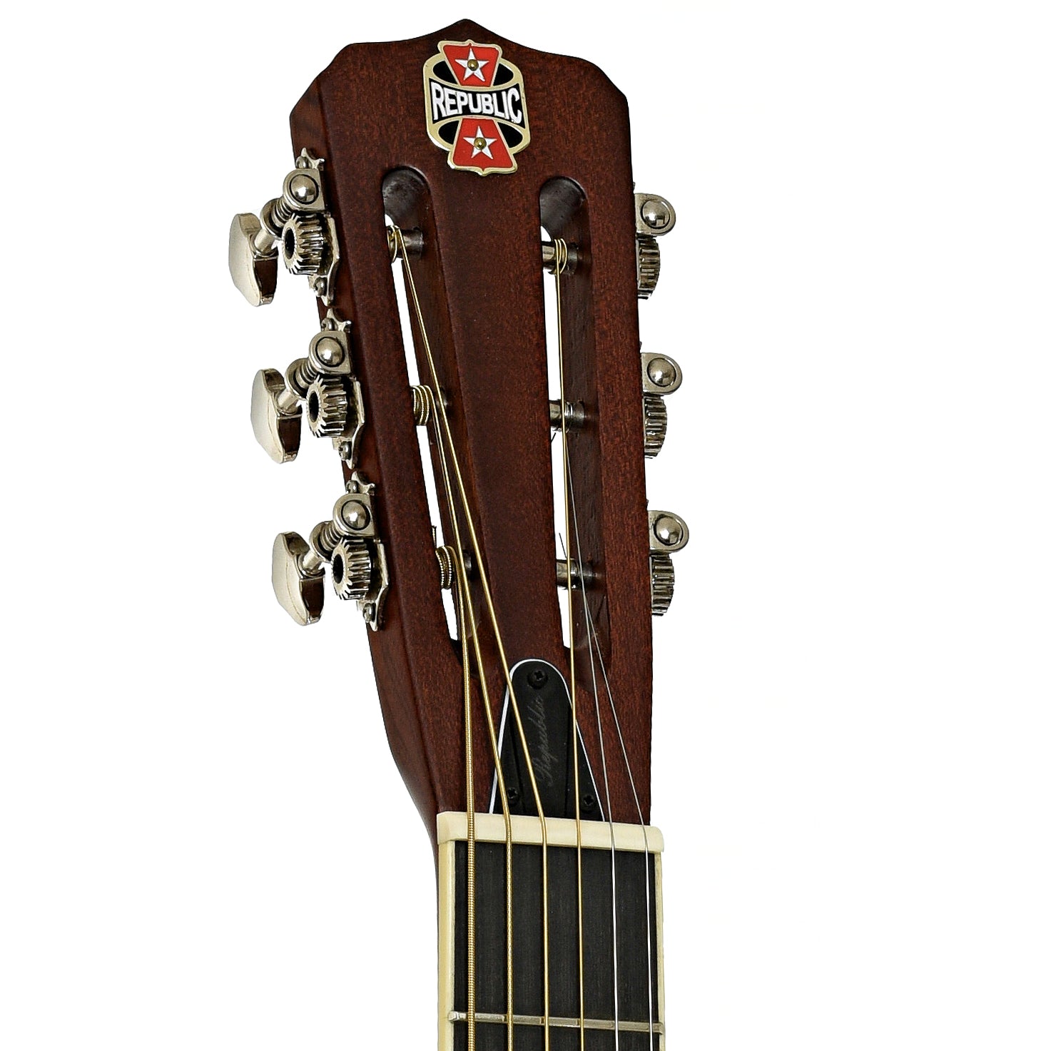 Headstock of Republic Resolian Relic Nickel Roundneck Resonator Guitar