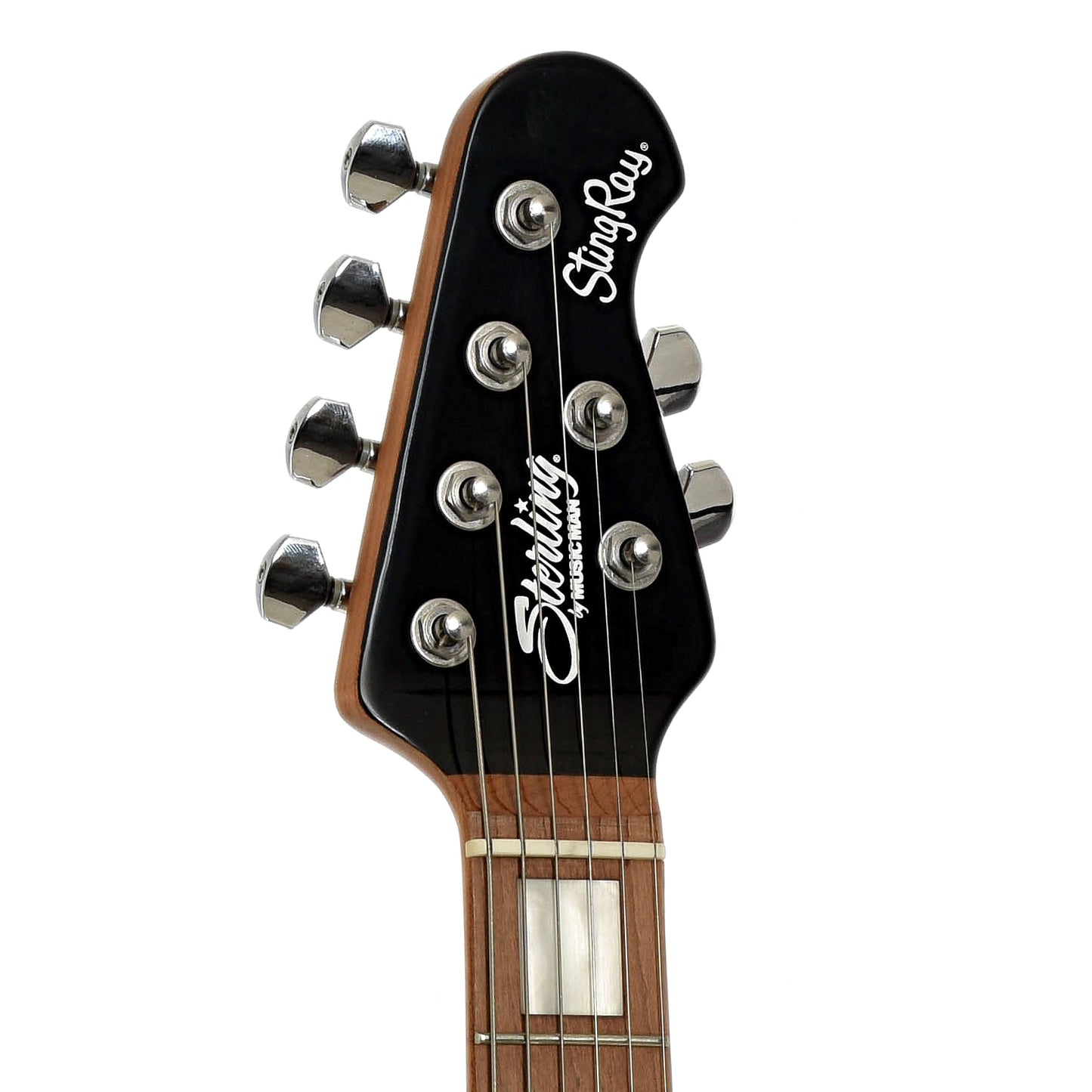 Headstock of Sterling by Music Man StingRay Plus Electric Guitar, Black