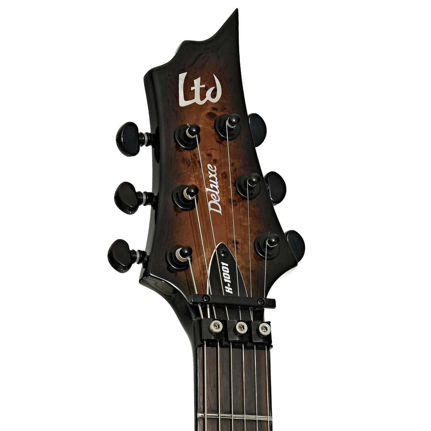 Headstock of ESP LTD H-1001FR Electric Guitar, Black Natural Burst 