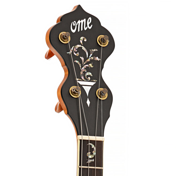 Front headstock of Ome Sweetgrass 11" Tenor Banjo & Gigbag - Curly Maple