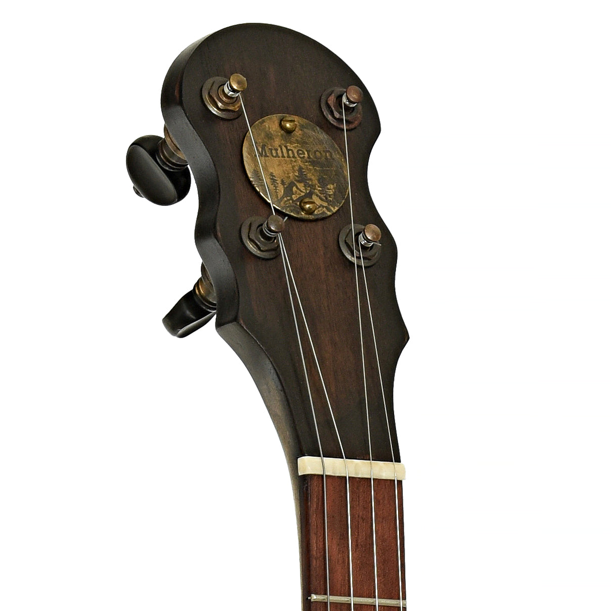 Headstock of Mulheron Little Red Rooster Custom Open Back Banjo 