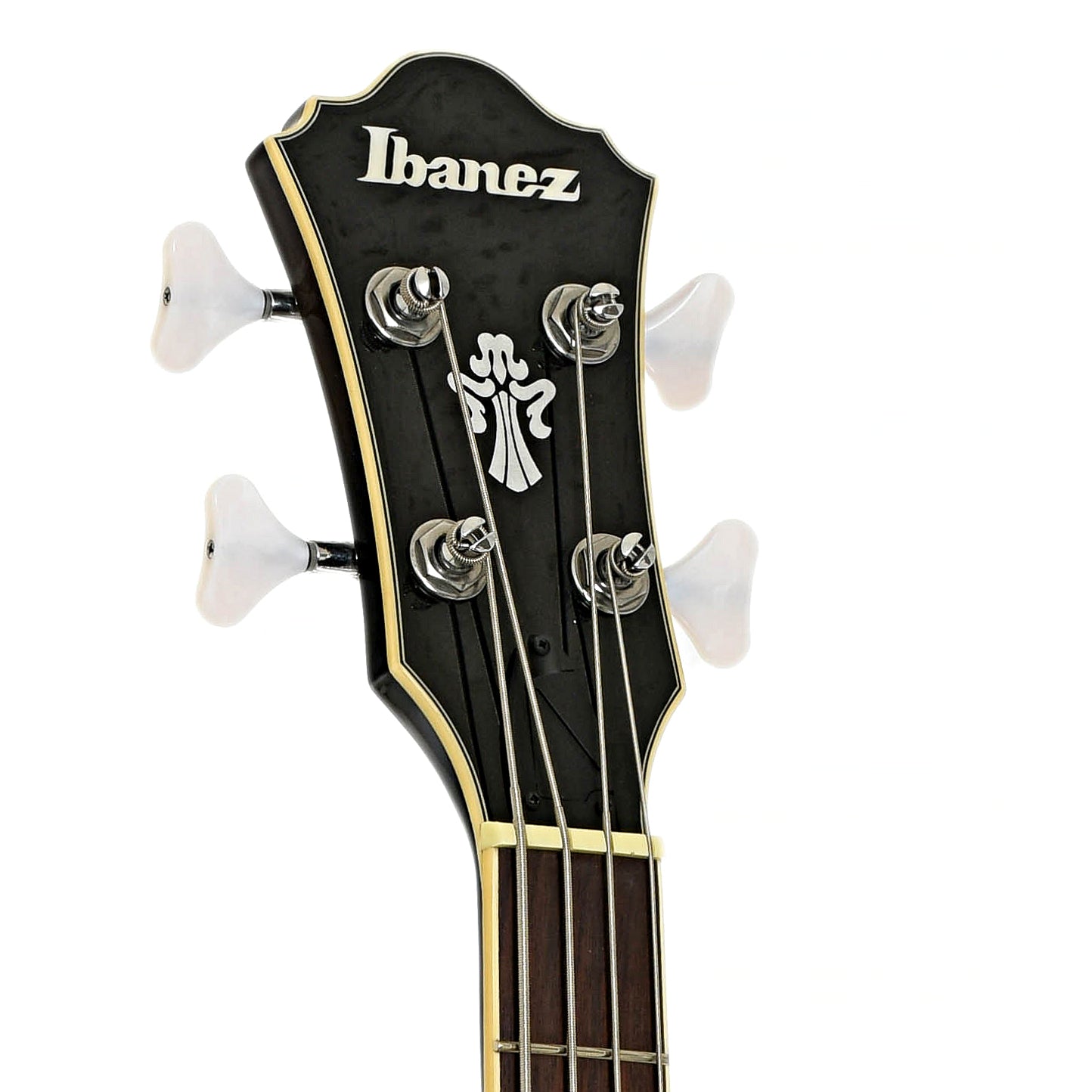 Headstock of Ibanez Artcore AFB200 Hollowbody Electric Bass Guitar, Transparent Black Sunburst