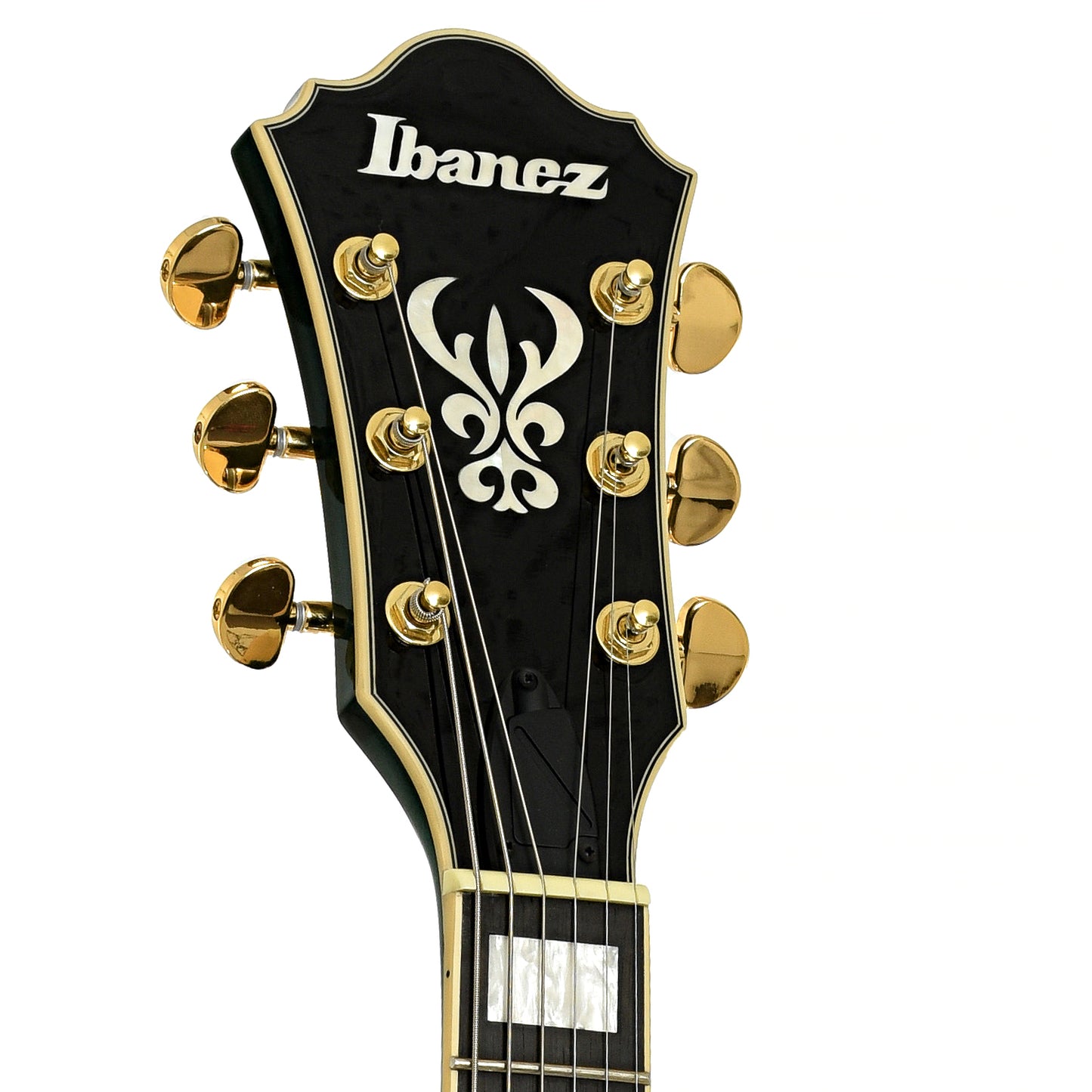 Headstock of Ibanez Artcore Expressionist AS93FM Semi-Hollowbody Electric Guitar, Transparent Moss Green, B-Stock