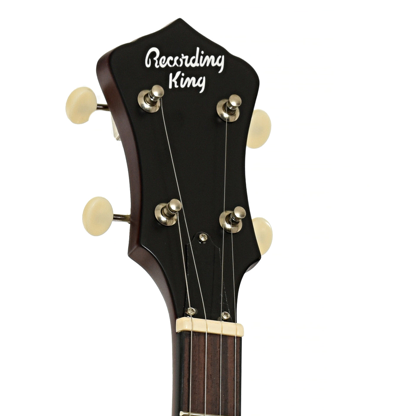 Headstock of Recording King Dirty 30s Open Back Banjo Mahogany