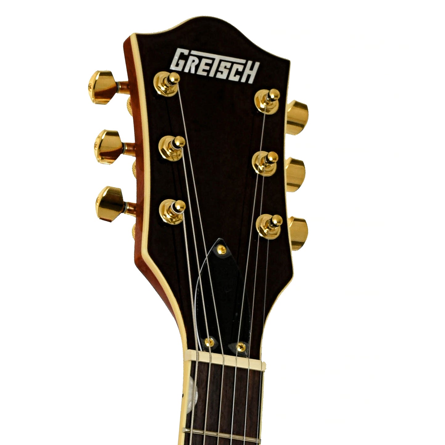 Headstock of Gretsch Electromatic LTD Flame Okoume Broadkaster Jr. Single-Cut with Bigsby, Roundup Orange