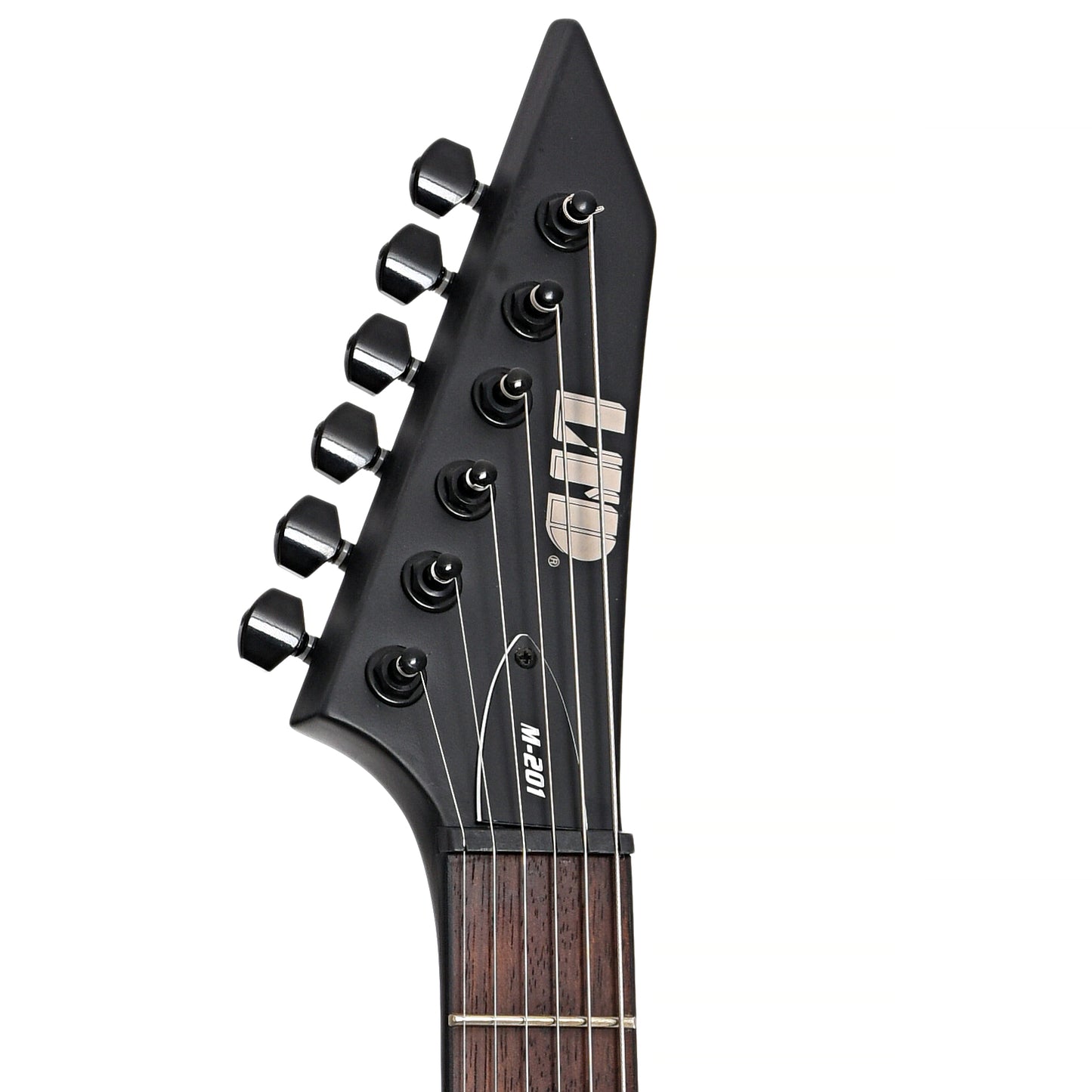 Front headstock of ESP LTD Left Handed M-201HT Electric Guitar, Black Satin