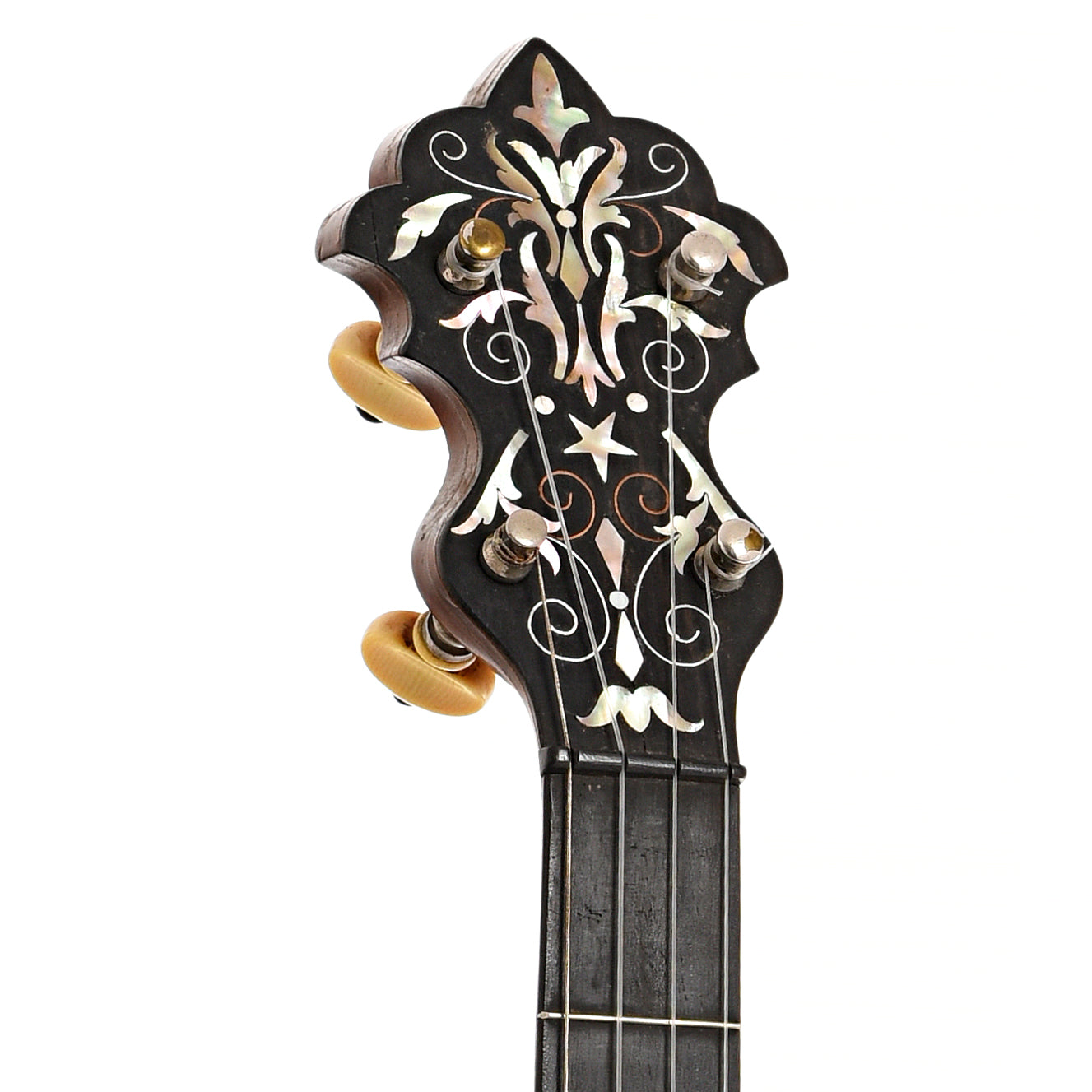 Front headstock of S.S. Stewart Special Thoroughbred Open Back Banjo (c.1890)