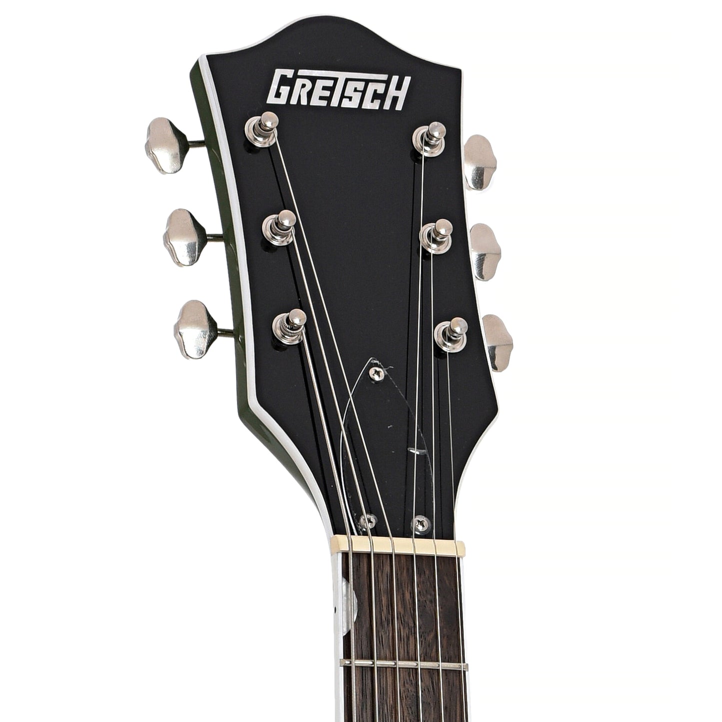 Front headstock of Gretsch G5420T Electromatic Classic Single-Cut with Bigsby, Two-Tone Anniversary Green