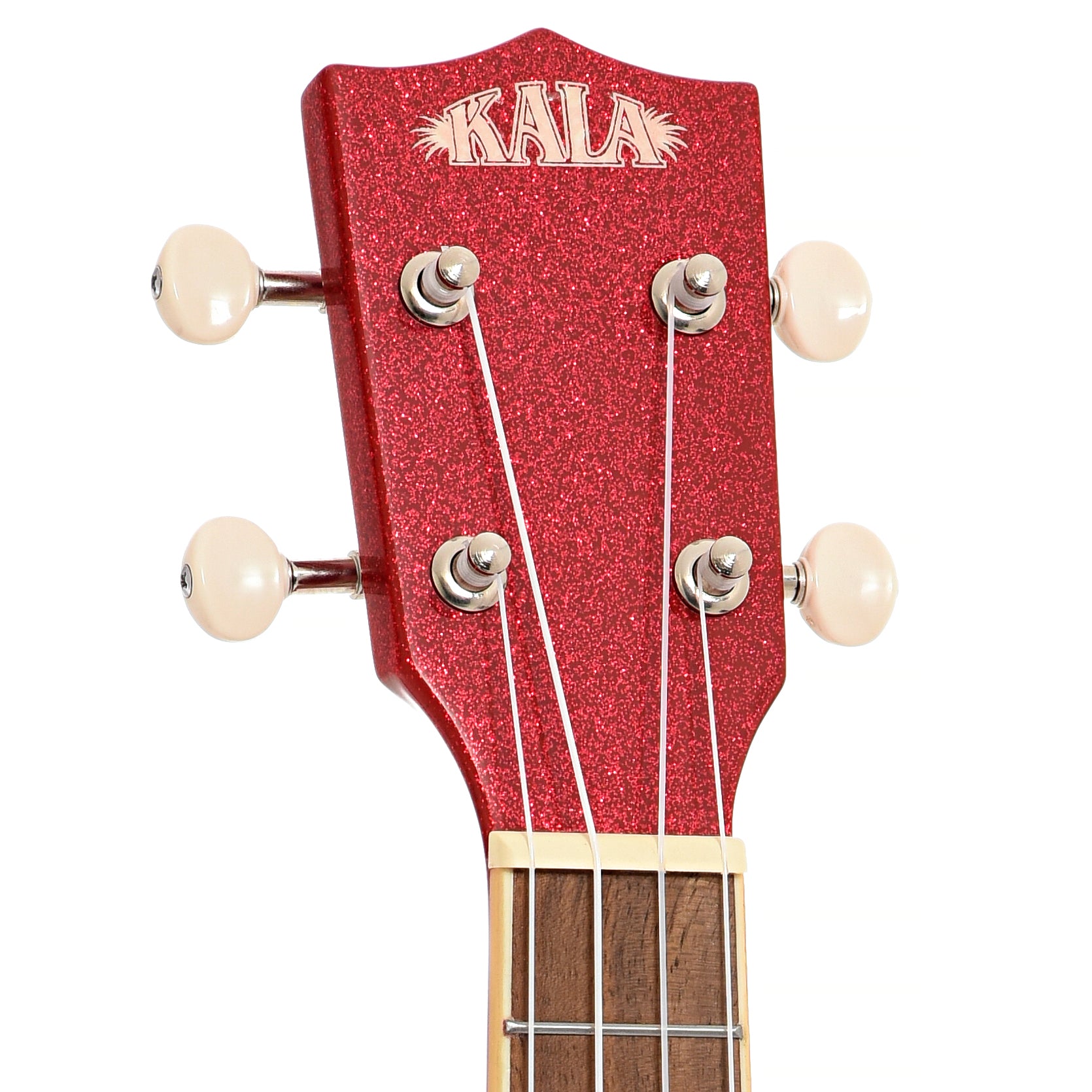 Front headstock of Kala Gloss Sparkle Concert Ukulele, Ritzy Red (recent)