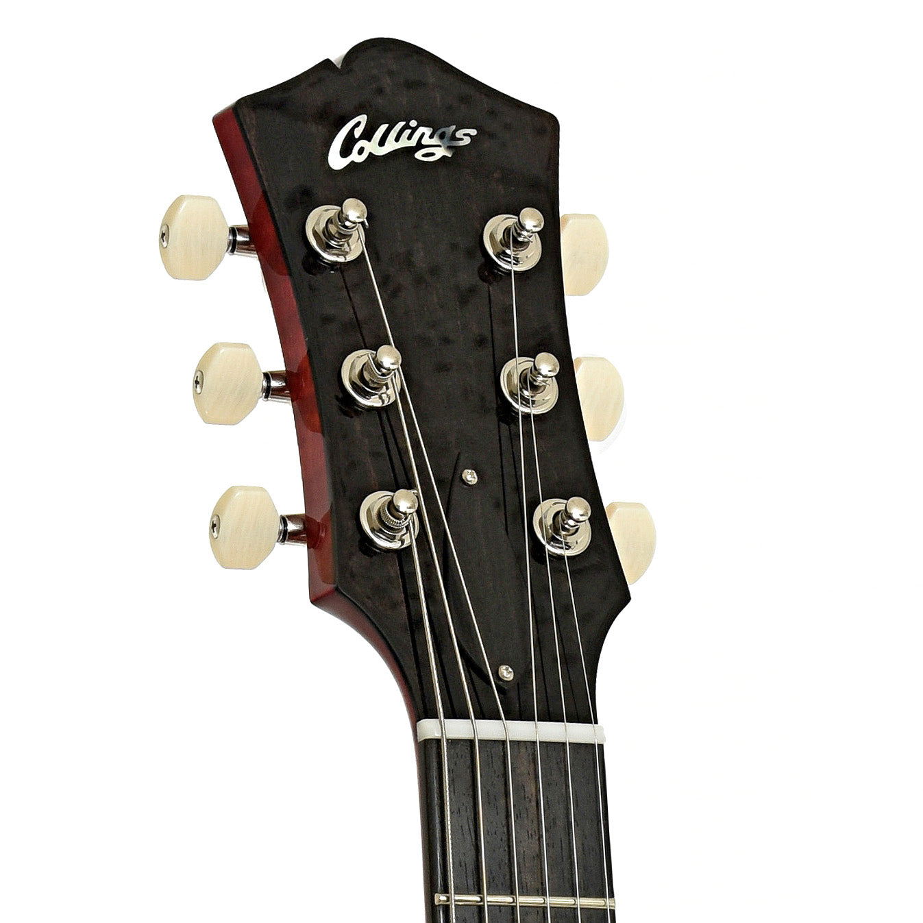 Headstock of Collings 620 SM LC Hollowbody Electric Guitar, Dark Cherry Sunburst