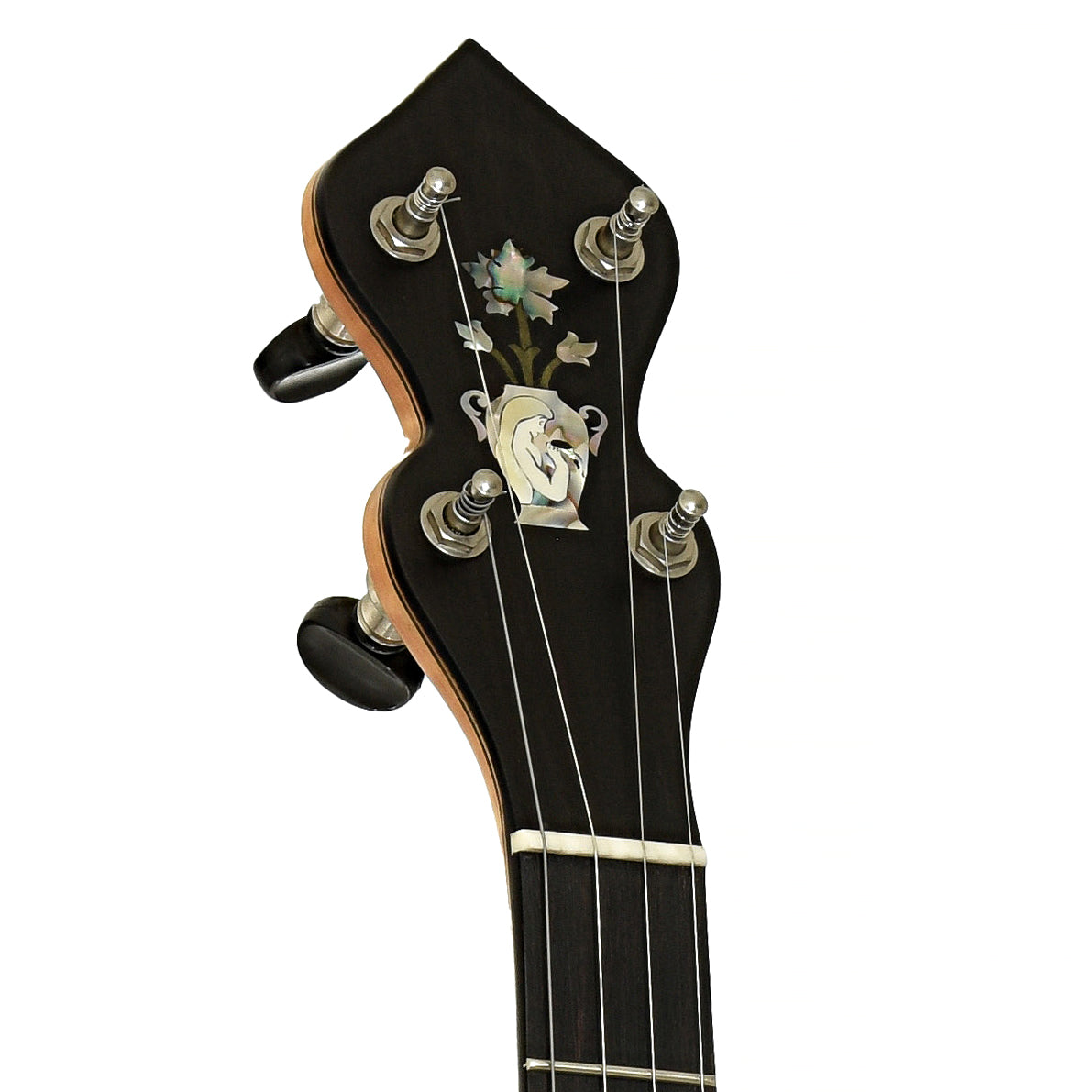 Headstock of Chuck Lee Prairieville Custom Open Back Banjo 