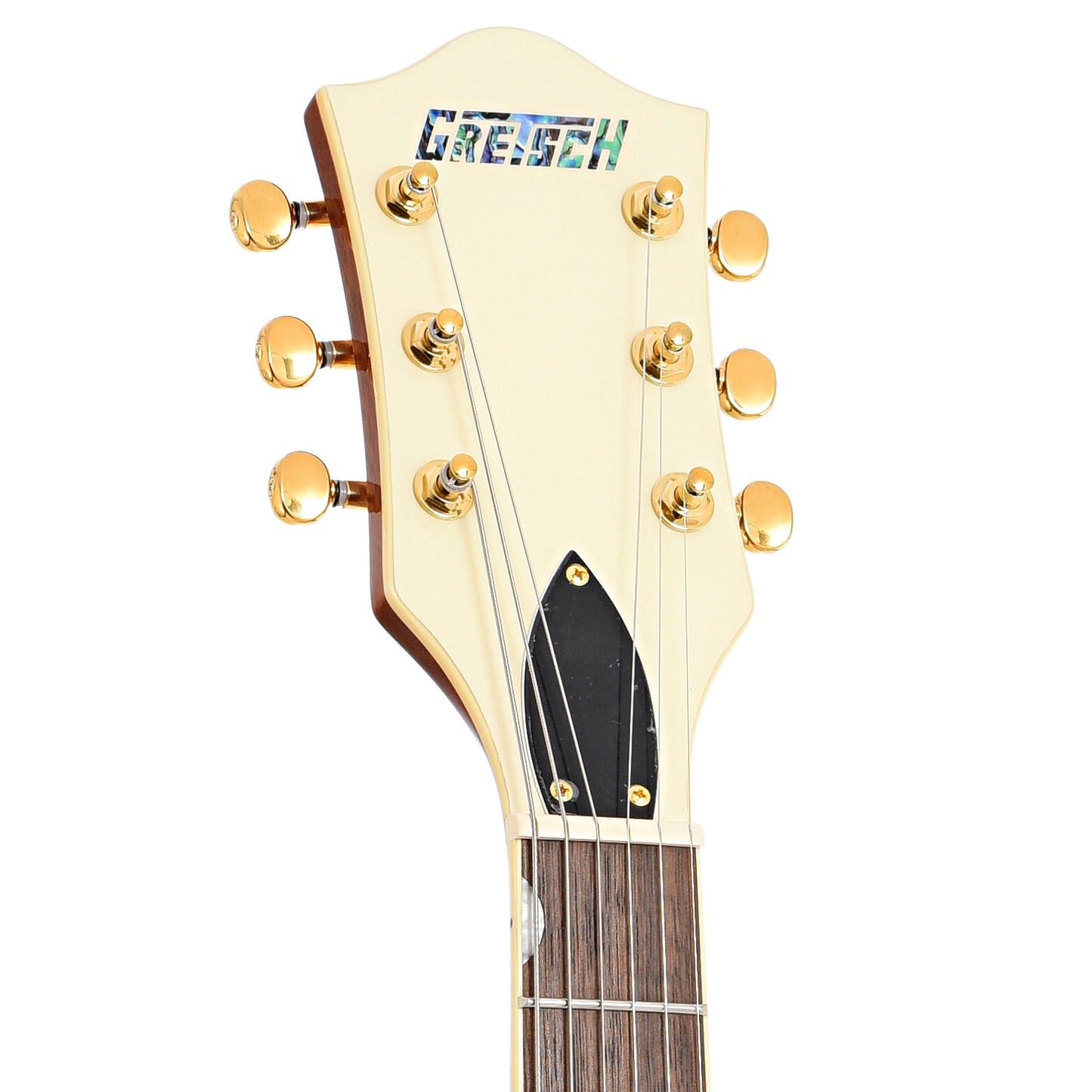 Front headstock of Gretsch Electromatic Pristine LTD Double-Cut with Bigsby, White Gold