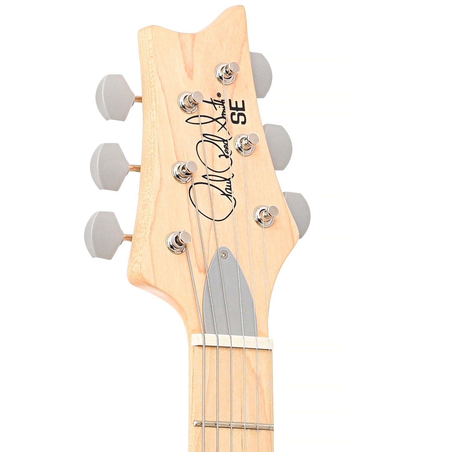 Front headstock of PRS SE Silver Sky Maple Electric Guitar, Overland Gray