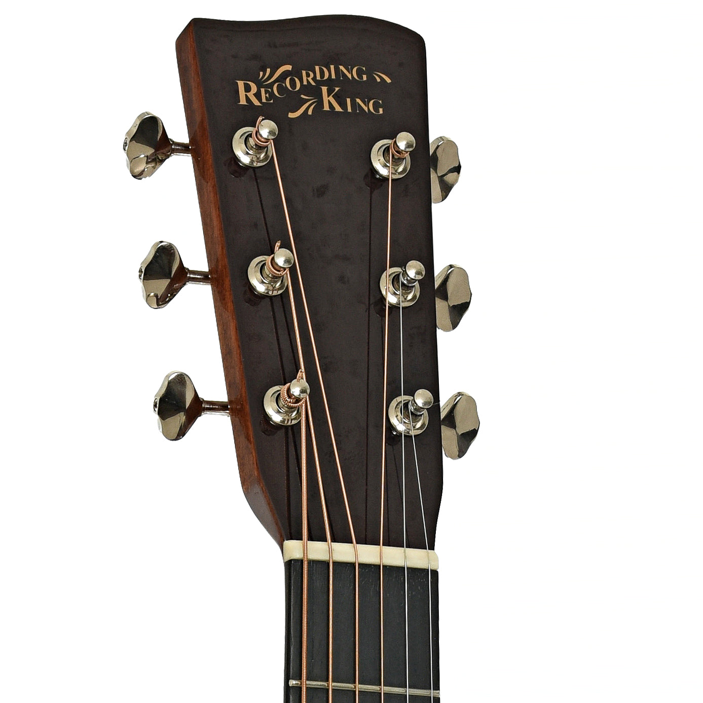 Headstock of Recording King Koa 00 Cutaway Acoustic Guitar