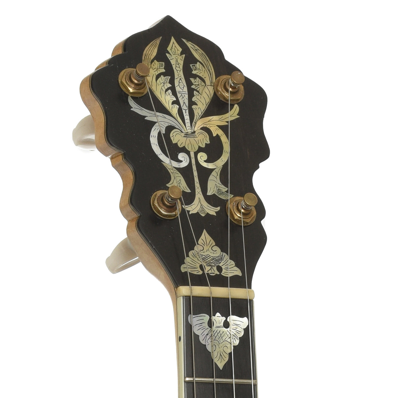 Headstock of Cloverlick Custom Piney Woods Openback Banjo