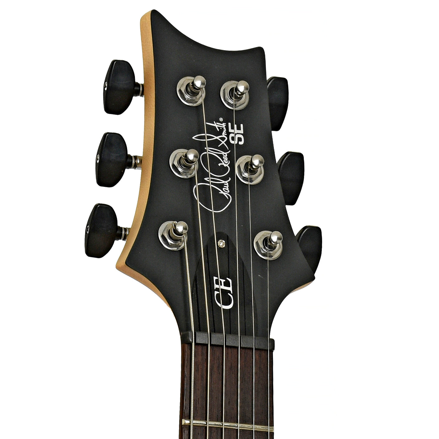 Headstock of PRS SE CE 24 Standard Satin Stoptail Charcoal Electric Guitar