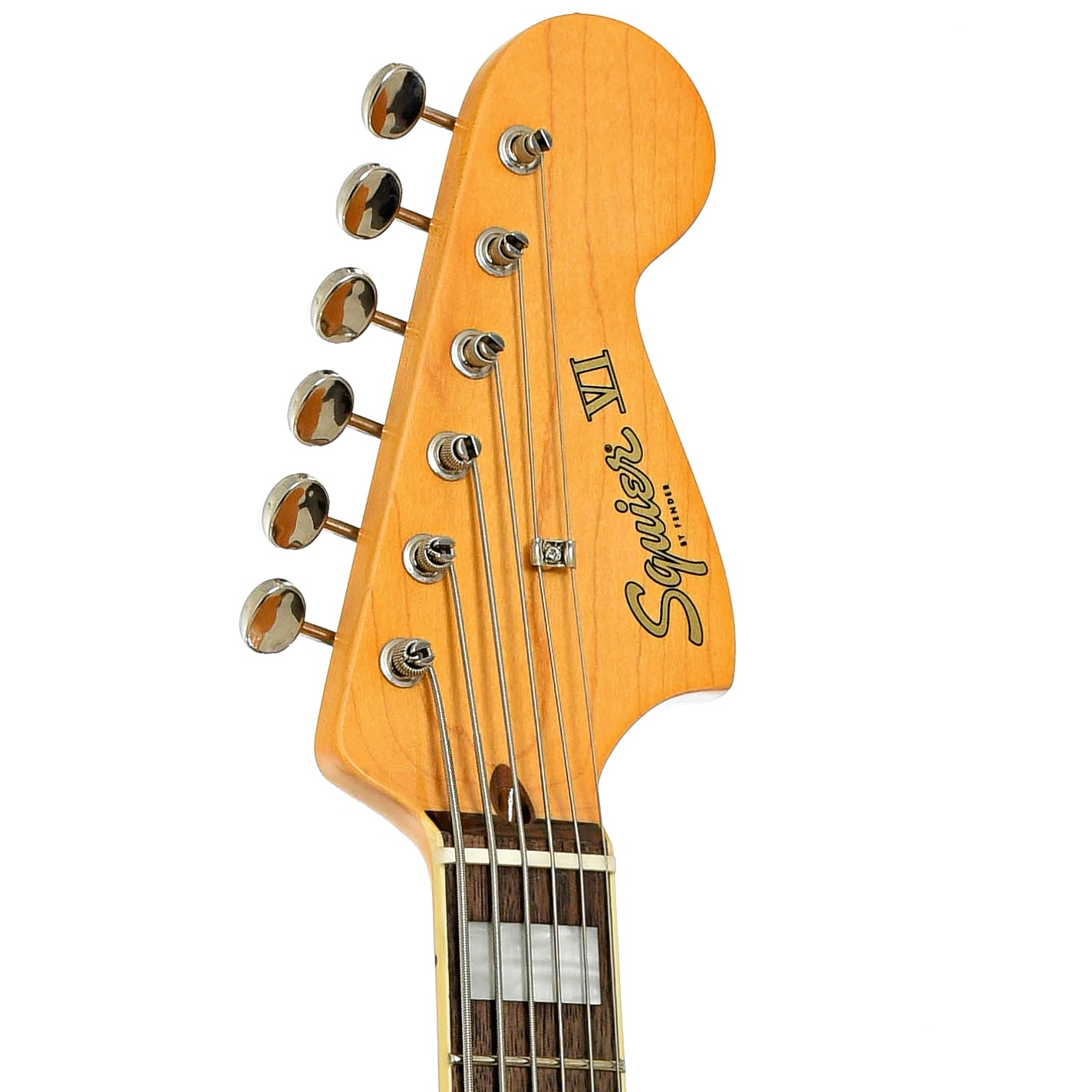 Headstock of Squier Classic Vibe Bass VI