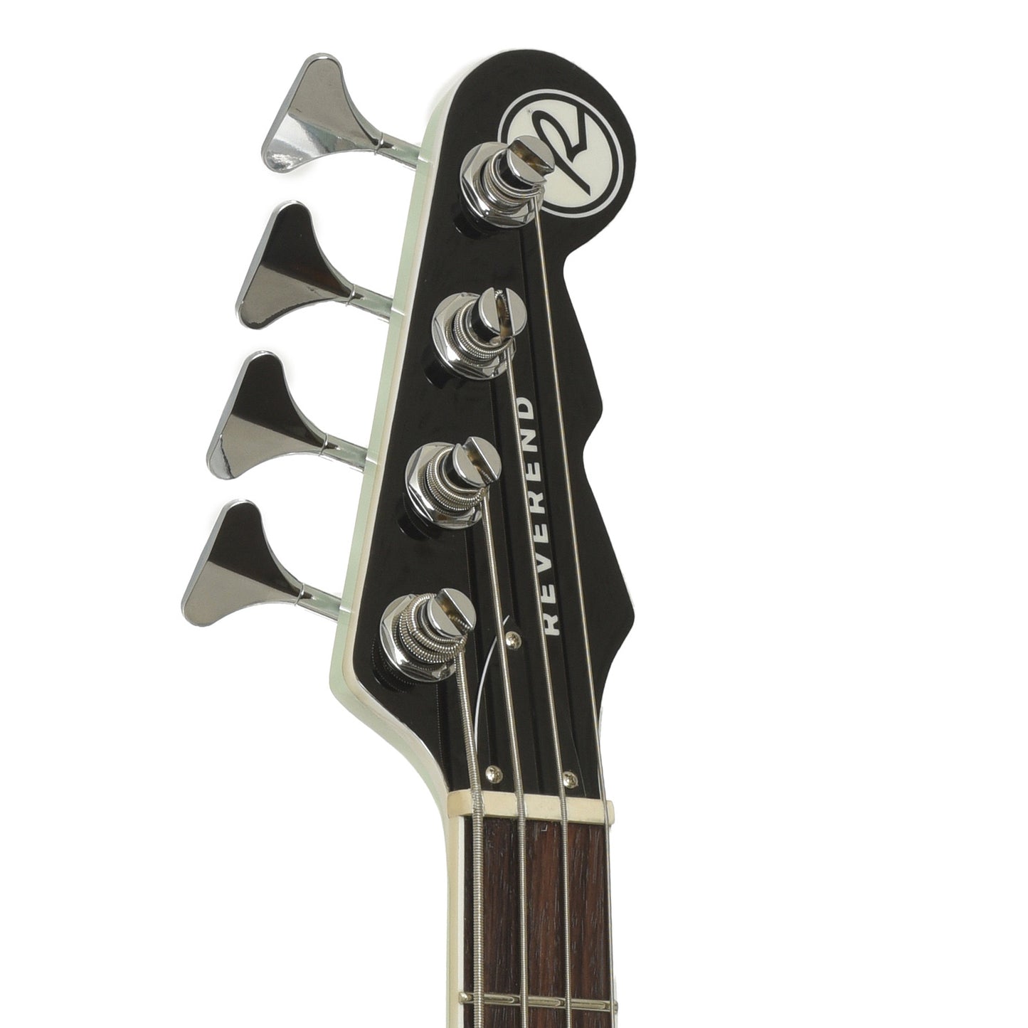 Headstokc of Reverend Sentinel Short Scale Electric Bass Guitar, Iconic Blue