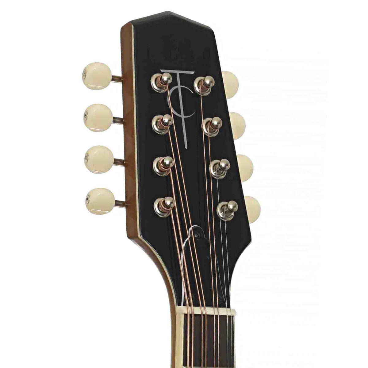Front Headstock of Trinity College Octave Mandolin, Black Top