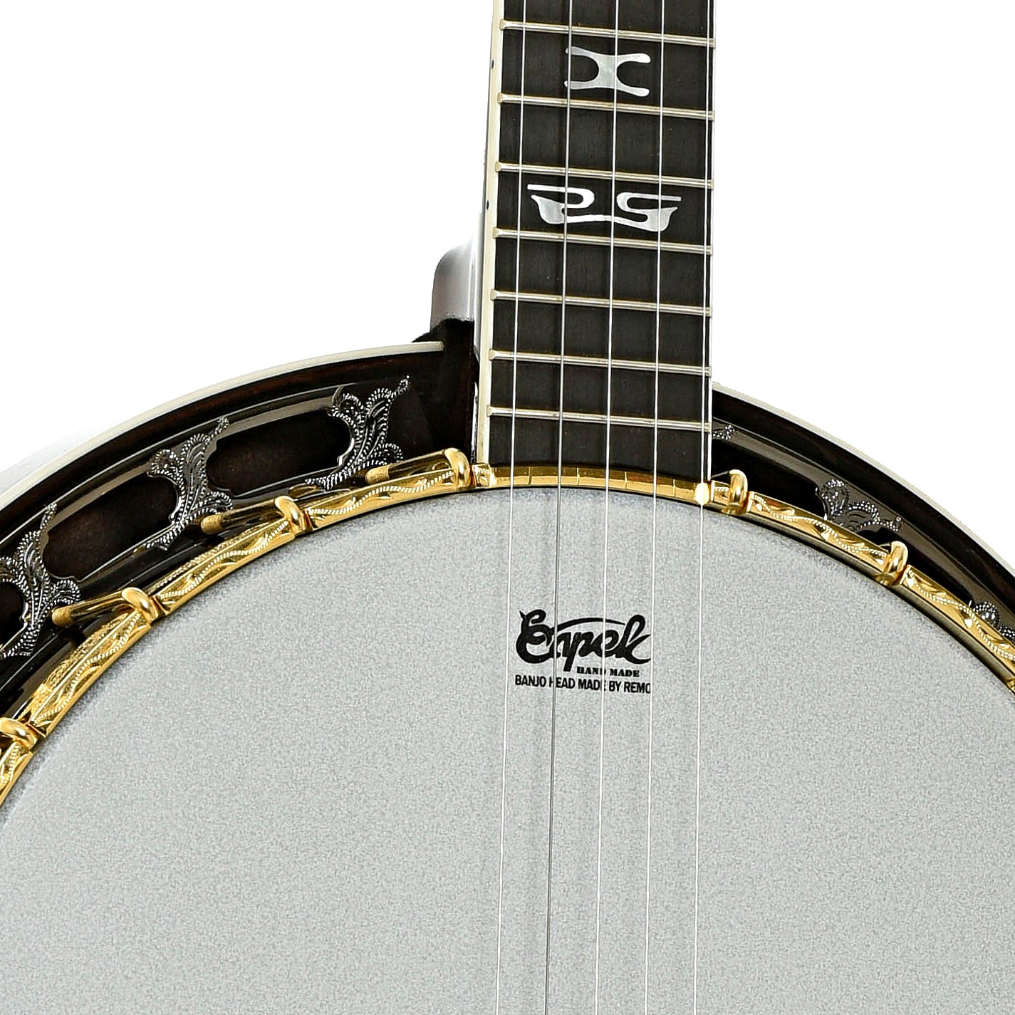 Front neck joint of Capek Allegoria Gold Banjo & Case, Flame Maple
