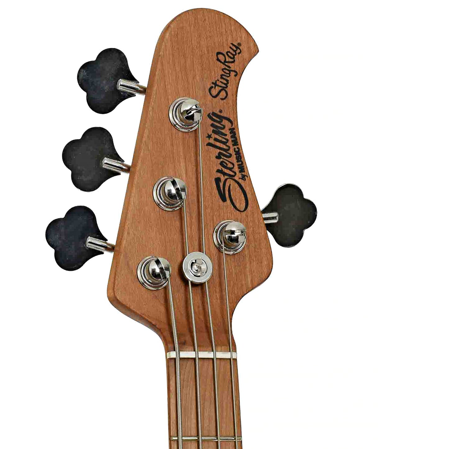 Headstock of Sterling by Music Man StingRay34 Flamed Maple 4-String Bass, Neptune Blue (2022)