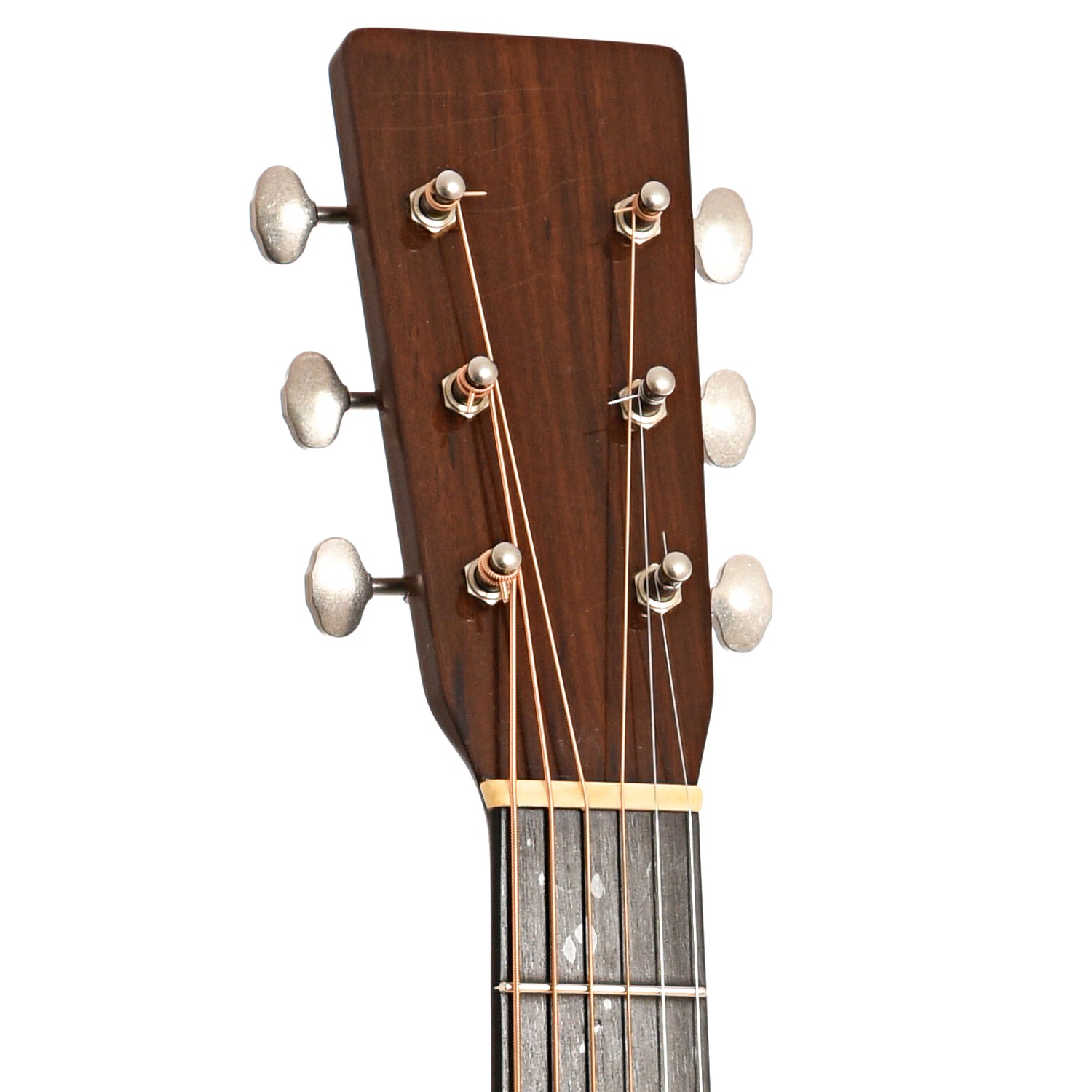 Front headstock of Pre-War Guitars Co. OM Mahogany, Level 1, Modern Neck Profile