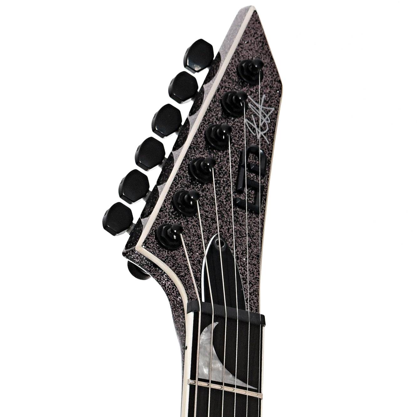 Front headstock of ESP LTD KH-V Electric Guitar, Black Sparkle