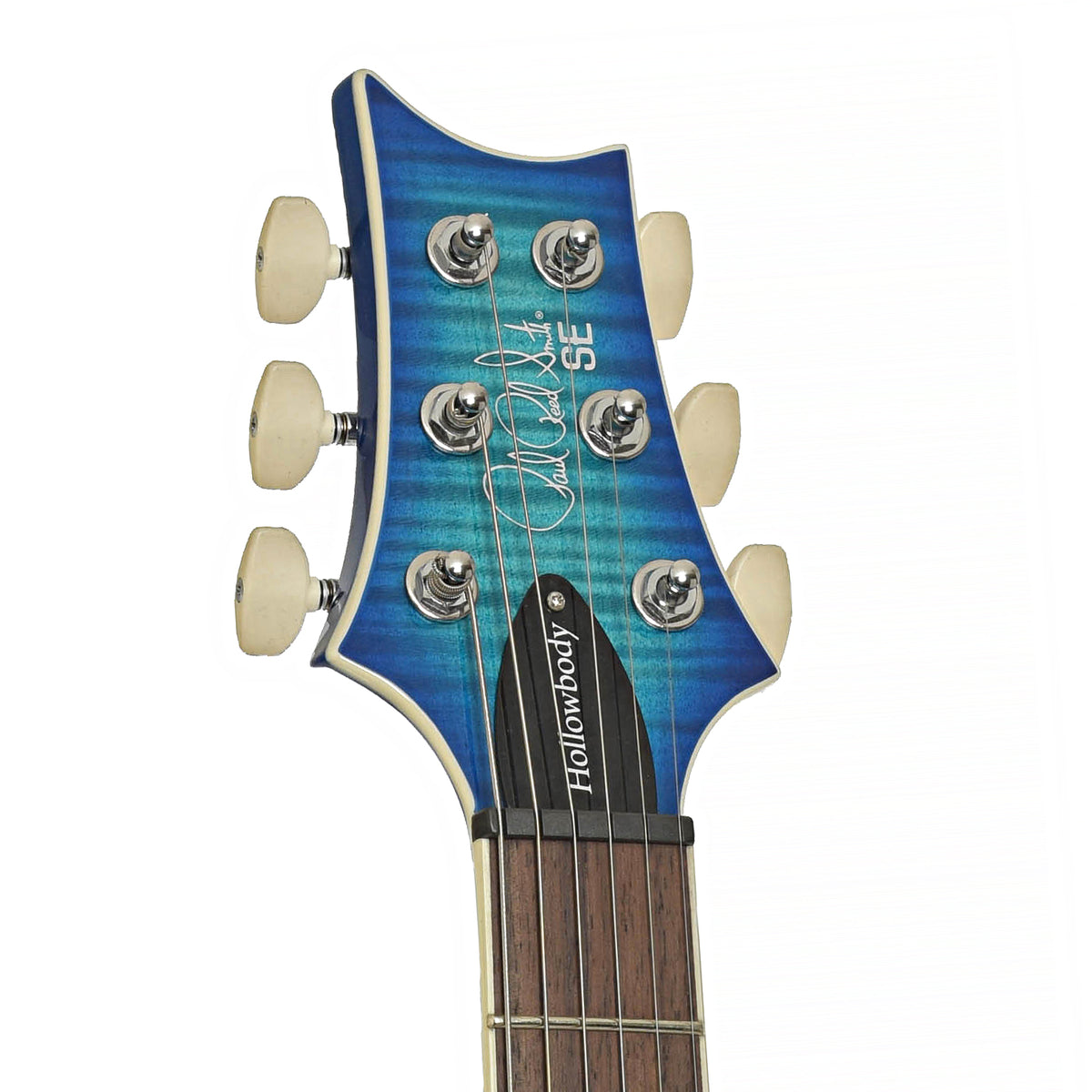 Headstock of PRS SE Hollowbody I Piezo Electric Guitar, Lake Blue