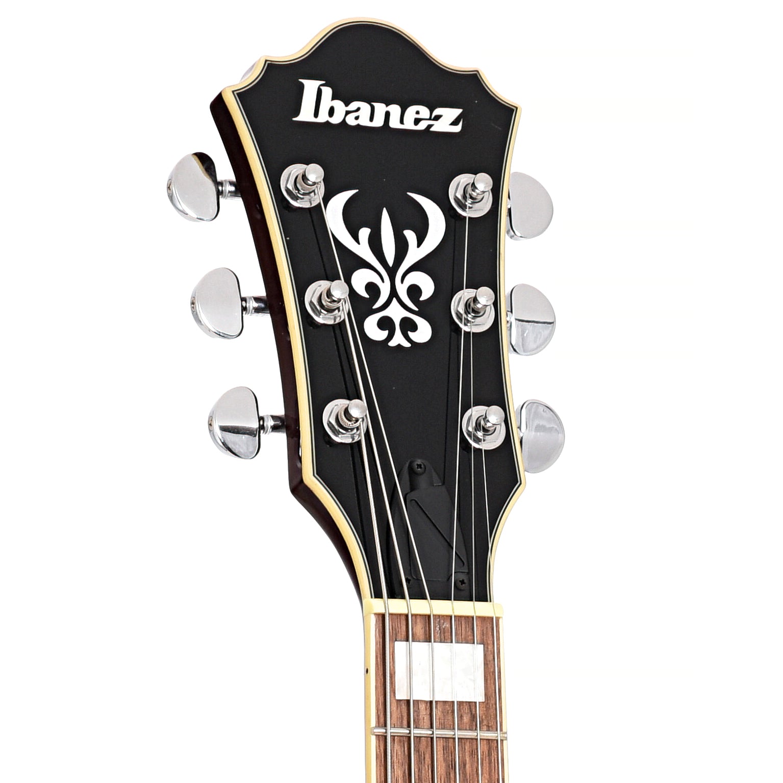 Front headstock of Ibanez B-Stock Artcore AS73FM Semi-Hollowbody Guitar, Transparent Indigo Fade