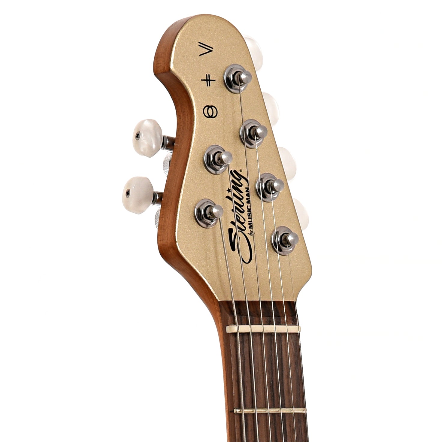 Front headstock of Sterling by Music Man St. Vincent Goldie Electric Guitar, Cashmere