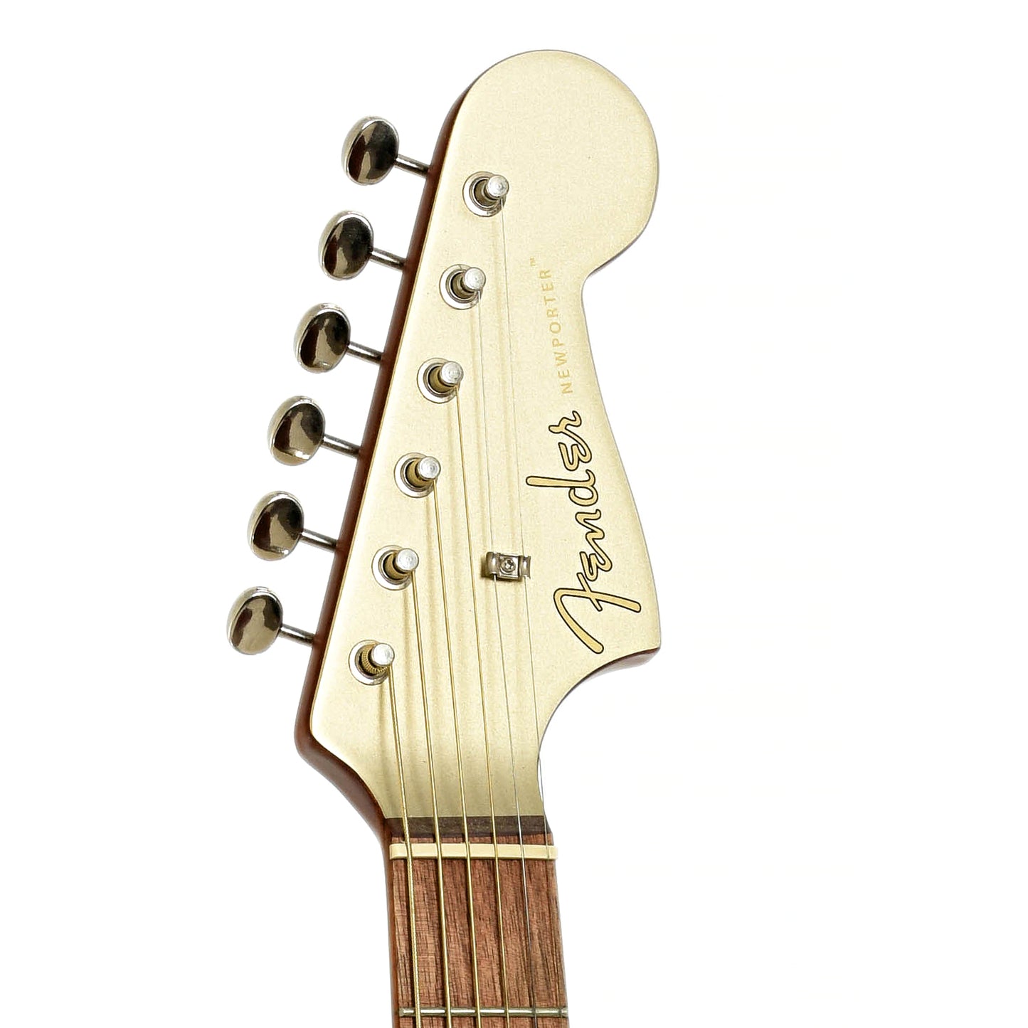Headstock of Fender Newporter Player Champagne Acoustic Guitar