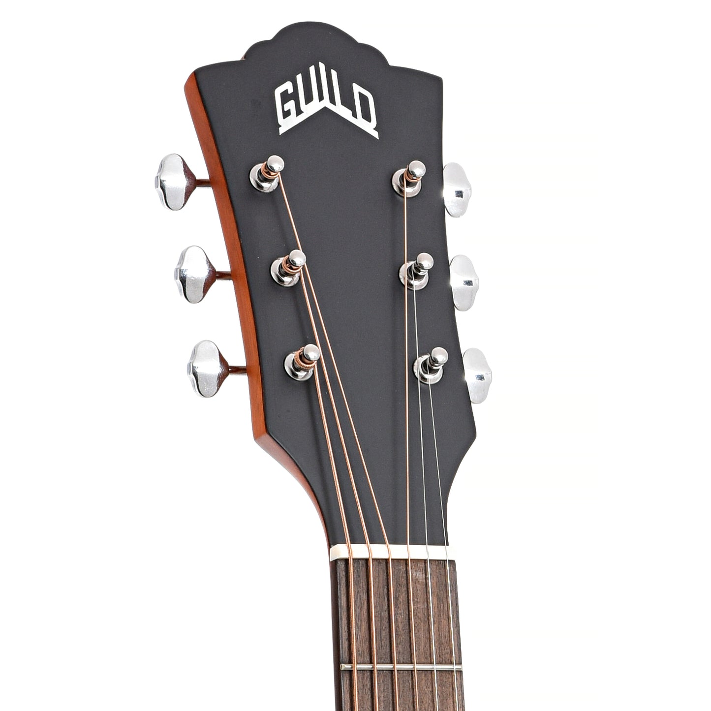 Front headstock of Guild D-240E Limited Flame Mahogany Dreadnought Guitar