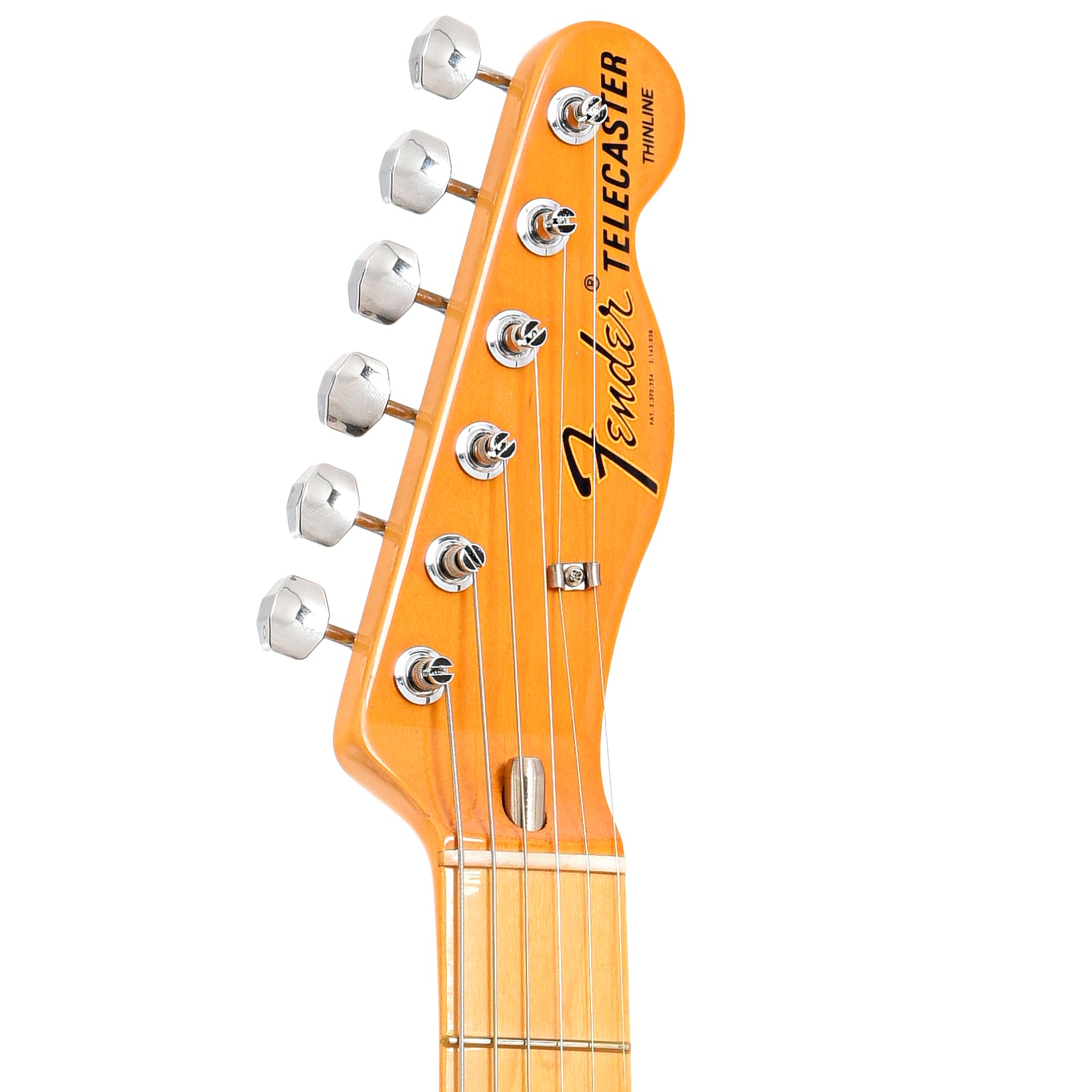 Front headstock of Fender American Vintage II 1972 Telecaster Thinline, Aged Natural