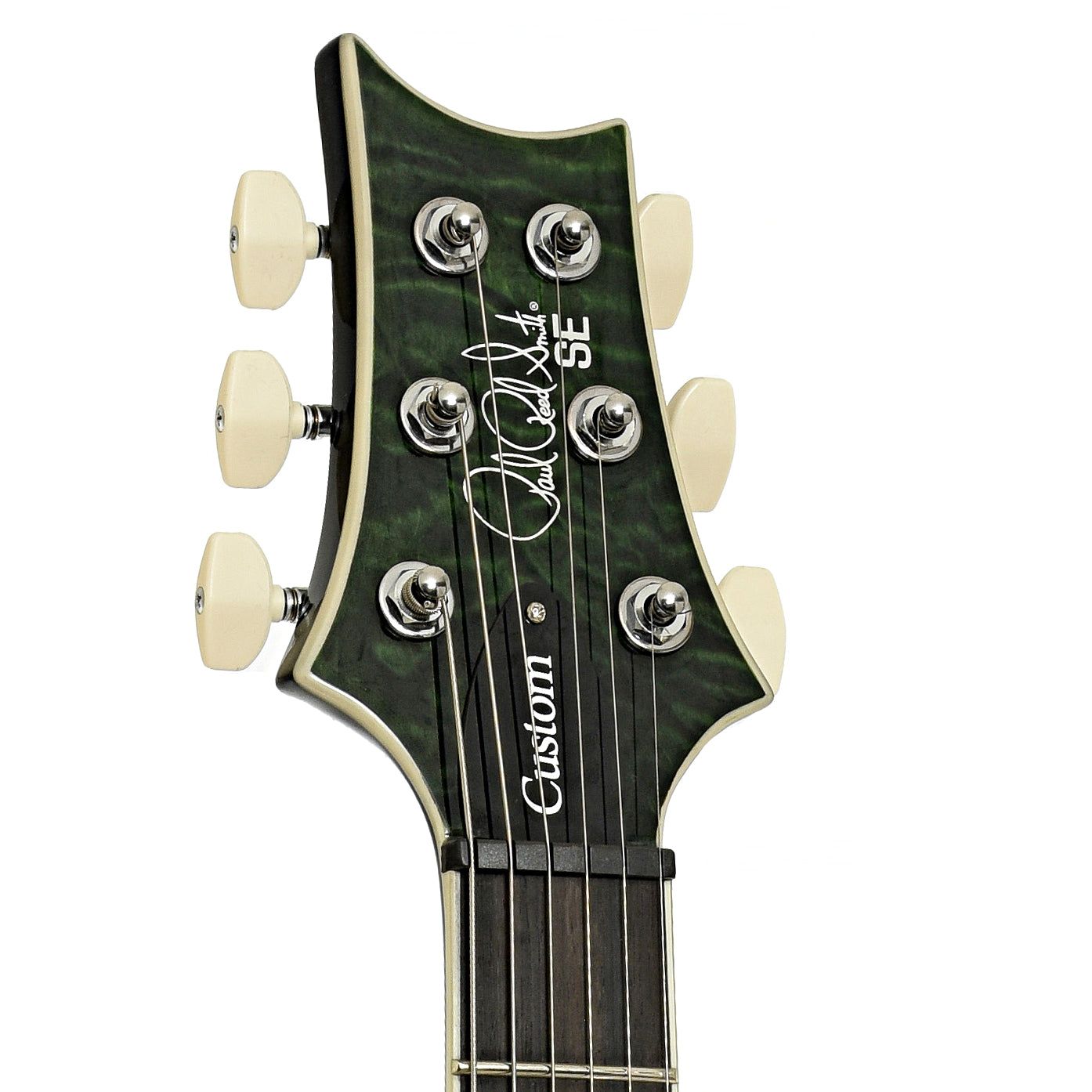 Headstock of PRS SE Custom 24 Quilt Electric Guitar, Teal Black