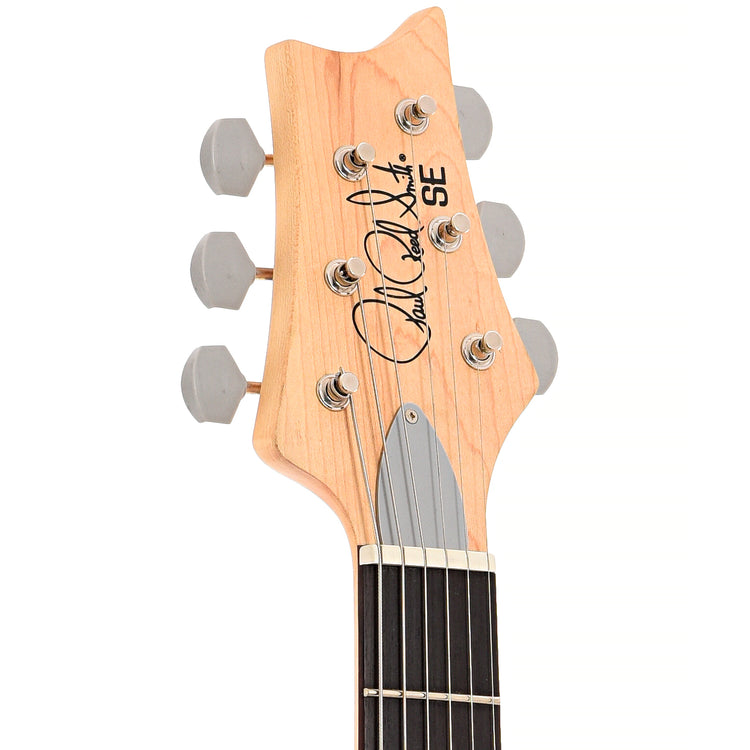 Front headstock of PRS SE Silver Sky Electric Guitar, Storm Gray