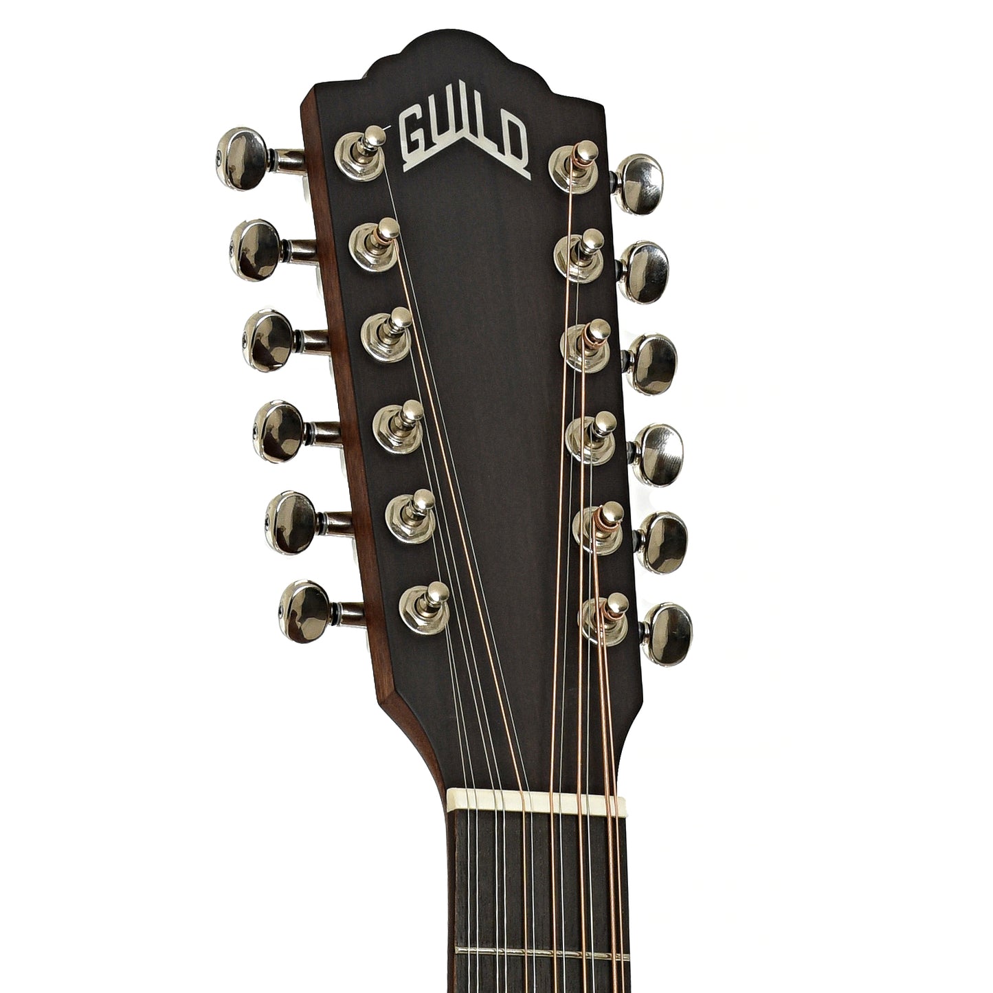 Headstock of Guild F-2512E Maple Blonde Left Handed 12-String Acoustic  Guitar