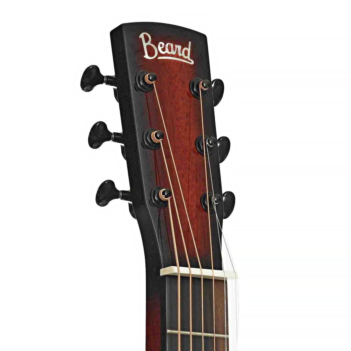 Front Headstock of Beard Belle Squareneck Resonator Guitar & Case, Black Satin Hardware