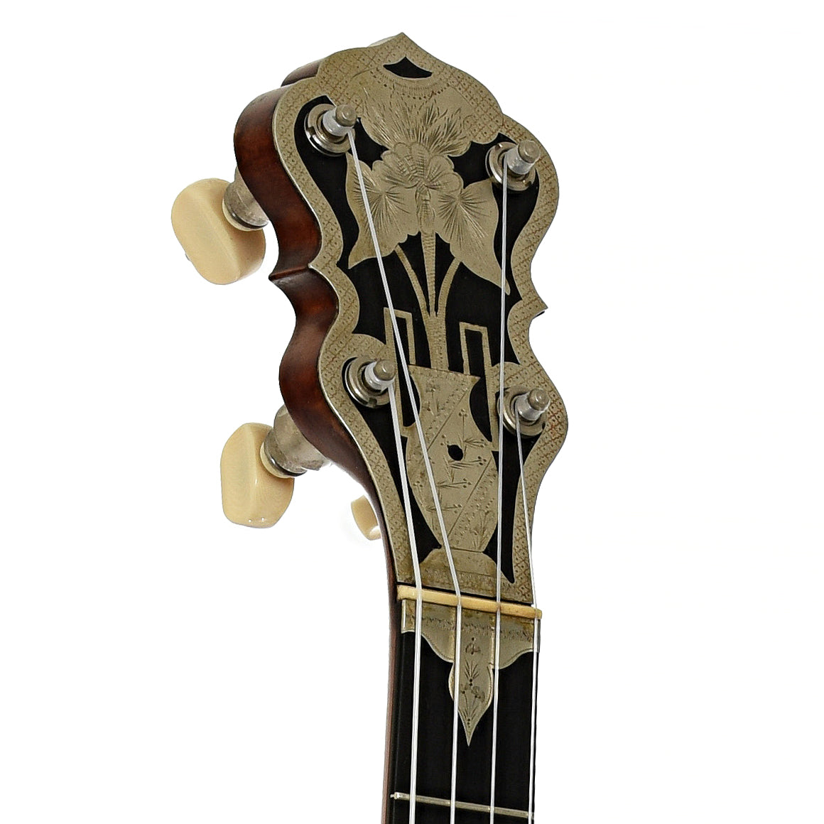 Headstock of Victor Kraske Baxter's Model Open Back Banjo 