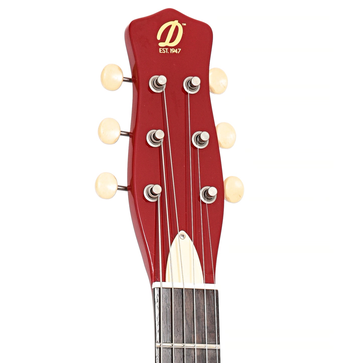 Front headstock of Danelectro '59 Triple Divine Electric Guitar, Red
