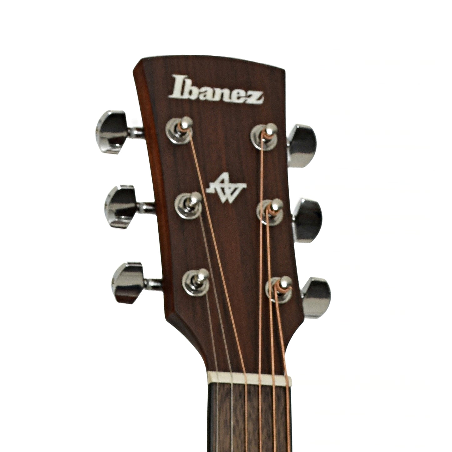 Headstock of Ibanez AW54LCE Artwood Left-Handed Dreadnought Acoustic-Electric, Open Pore Natural