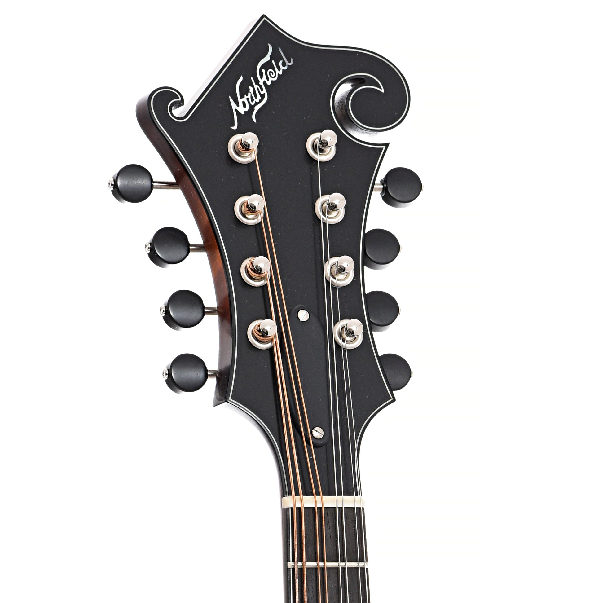 Front headstock of Northfield Workshop  S-Series NFS-F2B Mandolin, Blacktop Oval Soundhole,