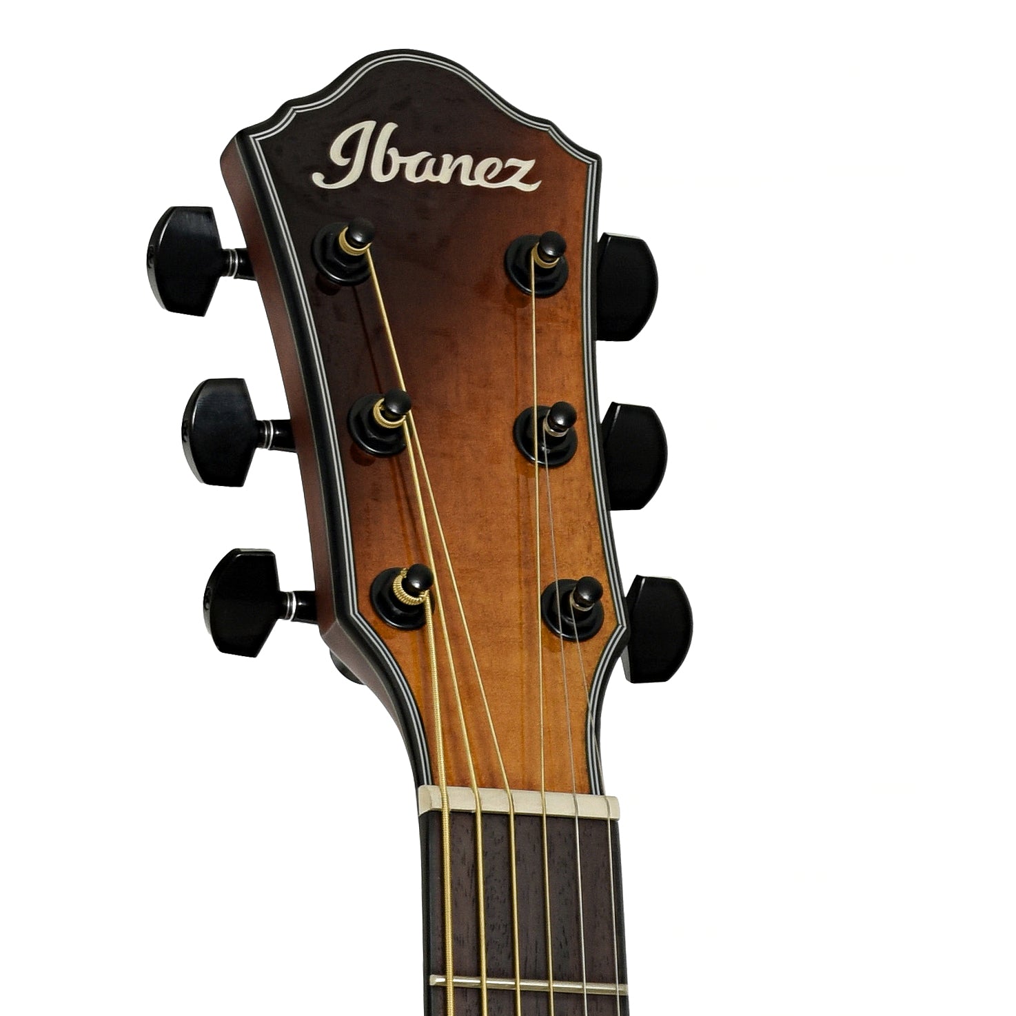 Headstock of Ibanez AEWC32FM Thinline Acoustic-Electric Guitar Amber Sunset Fade