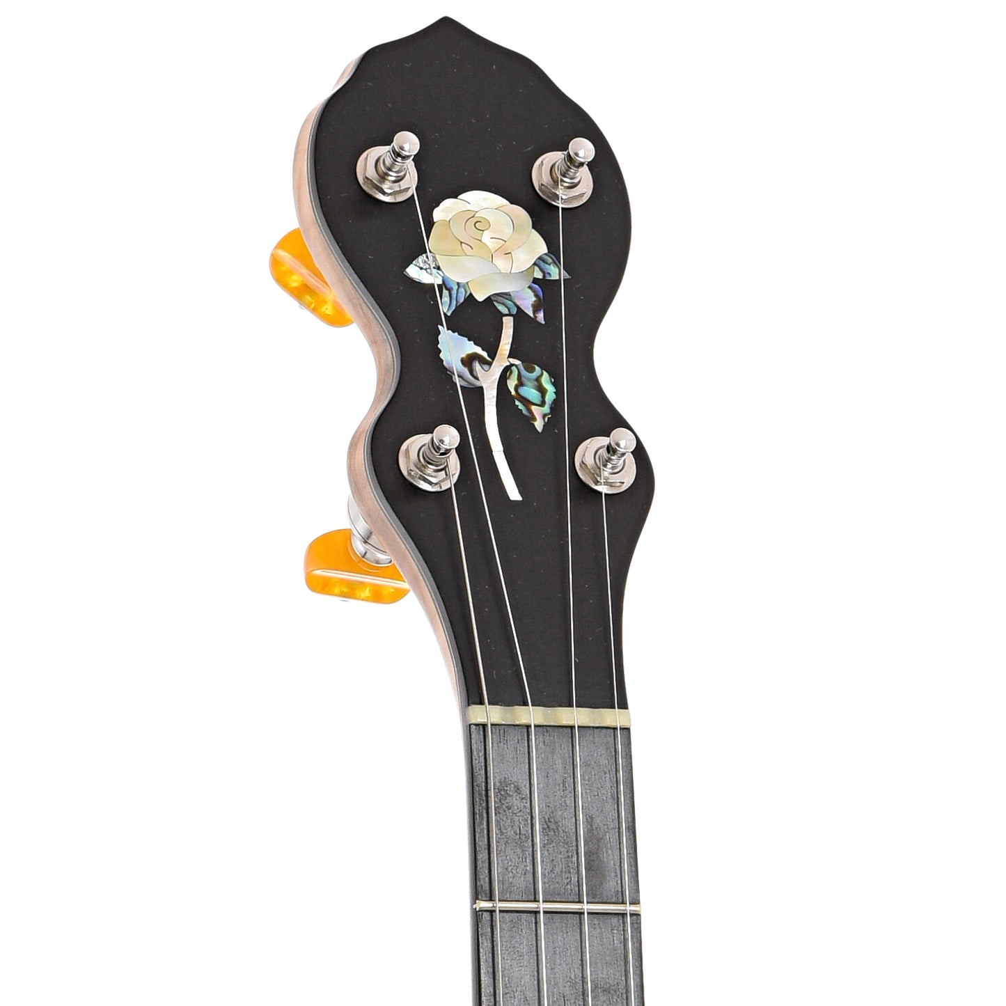 Front headstock of Chuck Lee Glen Rose #858 Openback Banjo, Electric (Whyte Laydie) Tone Ring, 11" Rim