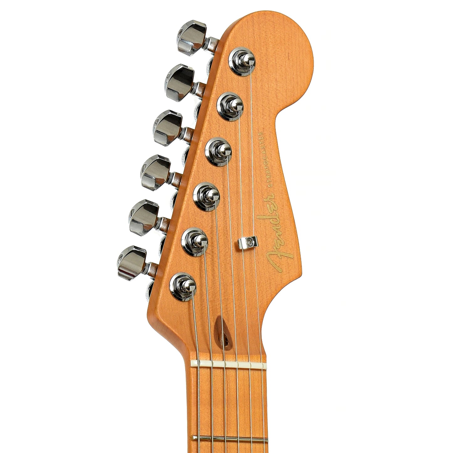 Headstock of Fender American Ultra II Stratocaster Electric Guitar & Case, Sinister Red