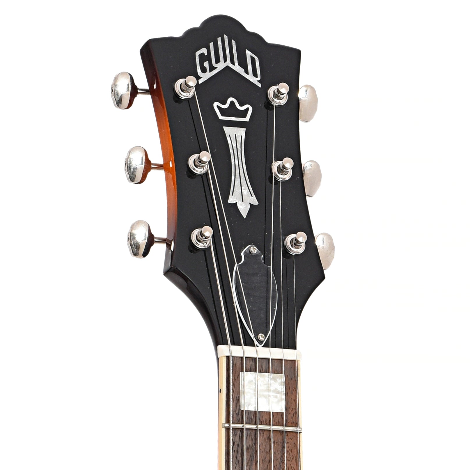 Front headstock of Guild Polara Deluxe Electric Guitar, Vintage Sunburst