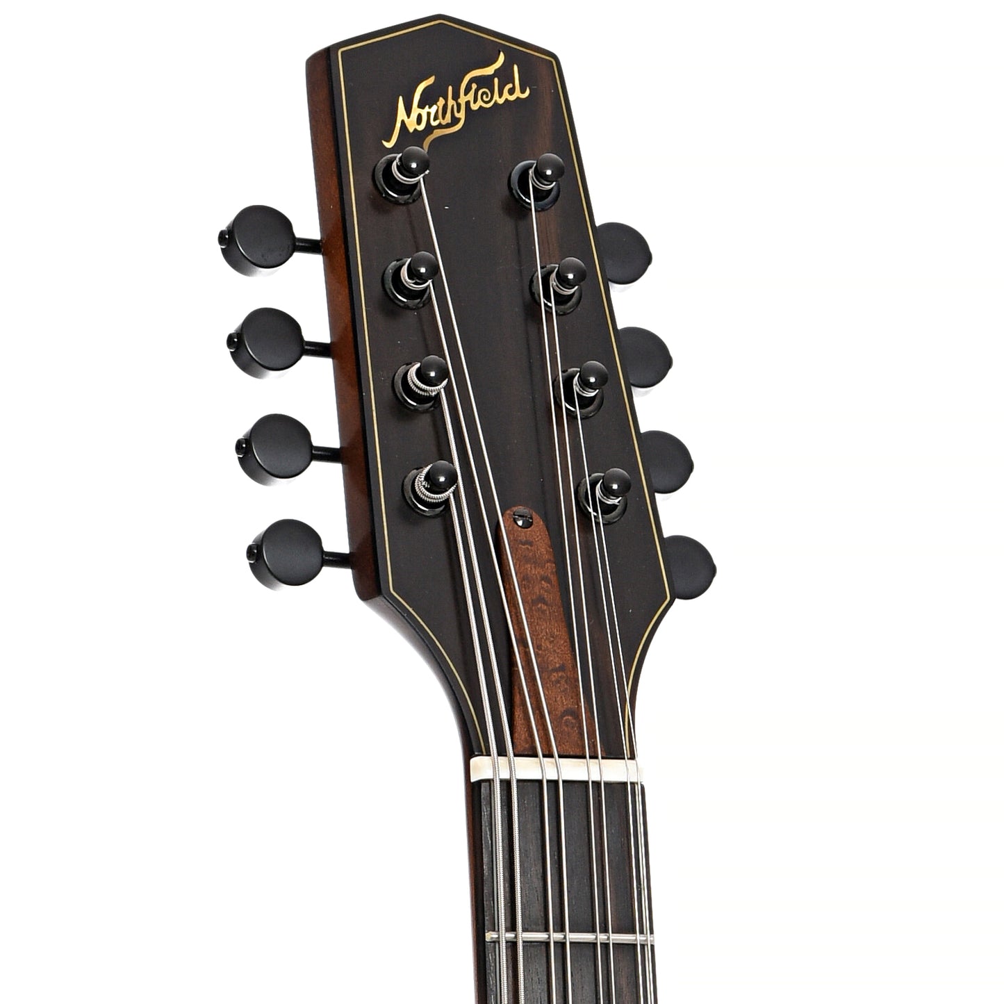 Front headstock of Northfield NFO-EL2 EleOcto Electric Octave Mandolin, Auburn Brown Finish  