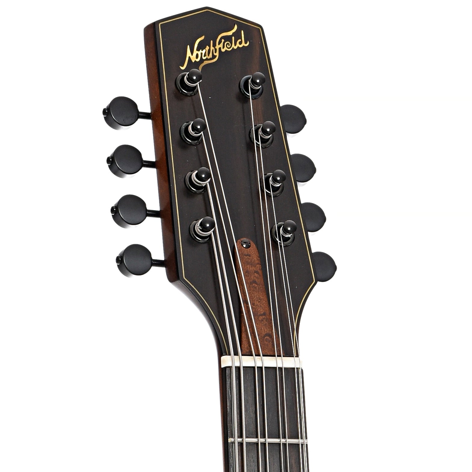 Front headstock of Northfield NFO-EL2 EleOcto Electric Octave Mandolin, Auburn Brown Finish  