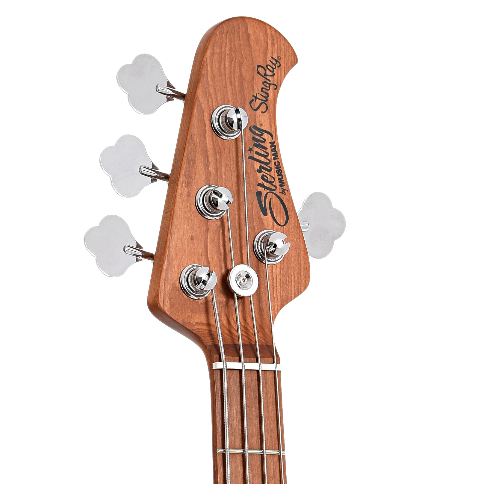 Front headstock of Sterling by Music Man B-Stock Stingray34 4-String Bass, Blue Sparkle