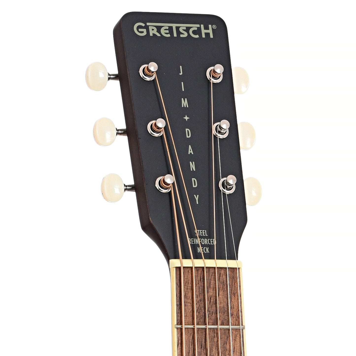 front headstock of Gretsch Jim Dandy Concert Acoustic Guitar, Rex Burst