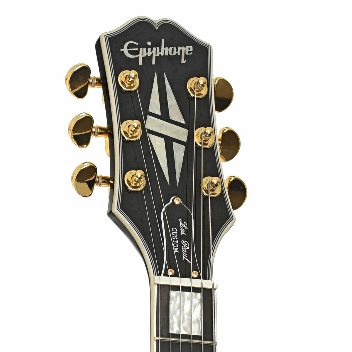 Headstock of Epiphone Les Paul Custom Left-Handed Electric Guitar & Gigbag, Ebony